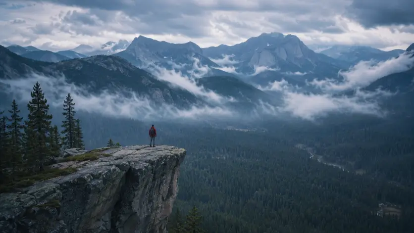 Create a wide establishing shot of a lone hiker standing on a massive granite cliff edge overlooking a vast pine forest below. The hiker is small in the frame, wearing a red windbreaker, gray hiking pants, and a backpack, facing away from the camera toward the view. The scene is dominated by towering mountains in the distance, layered in shades of blue and gray, with low-hanging mist drifting between the peaks. Shoot from a distance with the hiker positioned in the lower third of the frame. Cool, moody color palette with cinematic depth. Use aspect ratio 16:9.