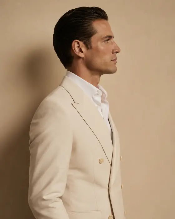 Create a profile portrait of a man in his mid-30s standing against a plain warm beige wall, photographed from his right side. He's wearing a perfectly tailored cream double-breasted suit with a crisp white shirt underneath and no tie. His hair is neatly slicked back and he has a sharp clean-shaven jawline. He's looking straight ahead, not at the camera, with a calm and composed expression. Soft studio lighting from the front creates gentle shadows behind him. Minimal, high-end fashion editorial style with warm neutral tones. Use aspect ratio 4:5.