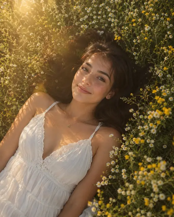Create a high angle portrait of a young woman lying on her back in a field of wildflowers, looking up at the camera with a relaxed half-smile. She's wearing a flowy white cotton dress with thin straps, and her dark hair is fanned out around her head on the grass. Tiny white and yellow flowers surround her face. Shoot from above at about a 45-degree angle, so you can see her full face and shoulders. Soft golden late-afternoon sunlight bathes the scene with a slight haze and lens flare. Romantic, dreamy, summer aesthetic. Use aspect ratio 4:5.