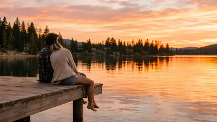 Create a candid two-shot photo of a couple sitting on a wooden dock by a calm lake at sunset, captured from the side. The man is in a navy flannel shirt and jeans, the woman is wearing a beige oversized cardigan over a white tee and denim shorts. They are sitting close, the woman leaning her head against his shoulder while they both look out at the water. Their legs dangle over the edge of the dock. The lake reflects warm orange and pink sky tones, and distant pine trees frame the background. Shoot at eye level from a distance to capture both of them and the wide landscape. Warm, nostalgic, golden hour mood. Use aspect ratio 16:9.