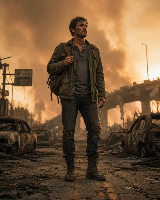 Create a photo of a man in his early 30s standing in the middle of a cracked, abandoned highway, one hand gripping the strap of a worn leather backpack and the other resting at his side. He is wearing a dirt-streaked olive green field jacket over a faded gray henley, ripped dark jeans, and scuffed combat boots. His hair is messy and his face has a smudge of soot on one cheek. The camera is positioned low to the ground, shooting upward to capture his full figure against a hazy orange sky filled with drifting smoke. Abandoned, rusted cars line both sides of the road, and a half-collapsed overpass looms in the distance. Warm amber and ash gray tones dominate the frame with strong directional sunlight cutting through the haze. Shot with a 35mm lens, cinematic color grading. Use aspect ratio 4:5.