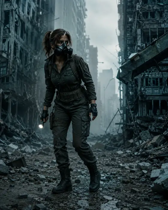 Create a photo of a young woman standing on a rubble-covered street between two crumbling skyscrapers, wearing a black military-style gas mask and holding a small flashlight in her right hand. She is dressed in a fitted dark khaki jumpsuit cinched at the waist with a utility belt, fingerless gloves, and heavy lace-up boots. Her posture is tense, slightly crouched, as if listening for something. The camera is at eye level, framing her slightly off-center with a tilted angle for unease. The background shows shattered glass windows, twisted steel beams, and a thick fog rolling between the buildings under a pale gray sky. Cool desaturated tones with green and steel blue accents. Shot with a 50mm lens, sharp focus, gritty film grain. Use aspect ratio 4:5.
