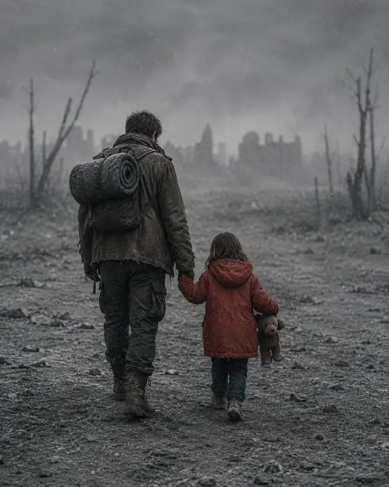 Create a photo of a father walking hand in hand with his young daughter across a wide open field covered in fine gray ash. He is wearing a torn brown canvas coat over a black sweater, dark cargo pants, and worn hiking boots, with a rolled-up sleeping bag strapped to his back. The little girl is wearing an oversized red hooded jacket that almost reaches her knees, jeans, and small sneakers, clutching a stuffed bear in her free hand. They are walking away from the camera into the distance. The camera is at chest height, capturing them from behind. The background shows dead, leafless trees and a faint silhouette of a destroyed town under a sky filled with falling ash. Muted, melancholic tones with the red jacket as the only pop of color. Shot with an 85mm lens, soft focus. Use aspect ratio 4:5.