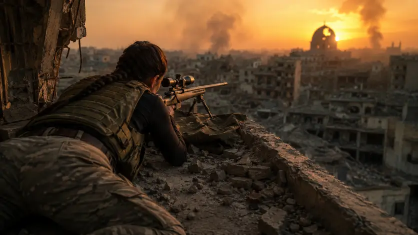 Create a photo of a woman lying prone on the edge of a damaged rooftop, looking through the scope of a long-barreled rifle resting on a folded jacket. She is wearing a tactical olive vest over a black long-sleeve top, fitted camo pants, and combat boots, with her dark hair tied back in a tight braid. The camera is positioned just behind her shoulder, capturing the angle of her aim across a destroyed urban skyline. The background reveals collapsed buildings, smoke rising from distant fires, and a glowing golden sun setting behind a cracked dome structure. Warm honey and burnt orange tones light her side, with deep shadows in the foreground. Shot with a 70mm lens, shallow depth of field, cinematic feel. Use aspect ratio 16:9.