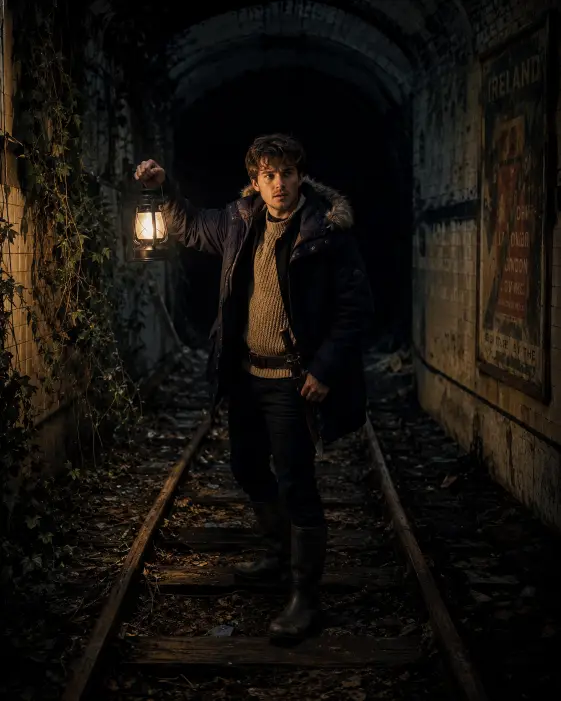 Create a photo of a young man standing inside an abandoned subway tunnel, holding up a small lantern that casts a warm glow on his face and the walls around him. He is wearing a navy hooded parka with fur trim, layered over a beige knit sweater, dark trousers, and waterproof boots. His expression is cautious and his free hand rests near a holstered knife on his hip. The camera is at eye level, positioned a few meters in front of him, framing the tunnel walls receding into pitch black behind him. Rusted train tracks, overgrown vines pushing through cracked tile walls, and faded advertising posters line the background. The single warm lantern light contrasts against deep cool blue shadows. Shot with a 35mm lens, atmospheric and moody. Use aspect ratio 4:5.
