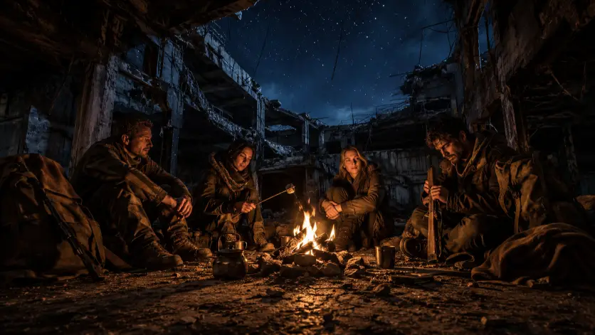 Create a photo of four survivors sitting around a small campfire inside the gutted shell of a ruined warehouse at night. Two men and two women, all wearing layered, mismatched survival clothing in earthy tones, with backpacks, blankets, and a few weapons placed beside them. One woman is roasting something on a stick over the fire while another man is cleaning a rifle. Their faces are lit warmly by the flames, with relaxed but tired expressions. The camera is at fire level, slightly low, capturing the group in a wide composition. The background shows broken concrete walls, hanging metal rebar, and a starry night sky visible through a gaping hole in the ceiling. Deep amber and orange firelight contrasts against cool blue moonlight from above. Shot with a 24mm lens, cinematic group portrait style. Use aspect ratio 16:9.