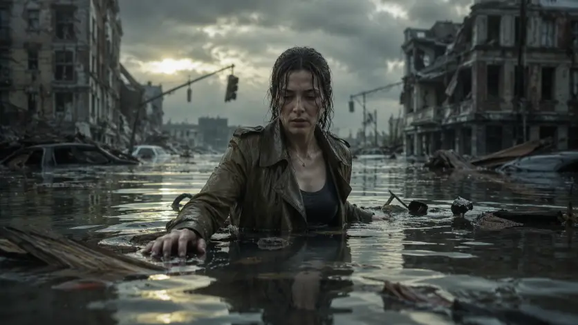 Create a photo of a woman wading waist-deep through a flooded city street, pushing aside floating debris with one hand. She is wearing a soaked olive trench coat over a black tank top, with her wet hair plastered to her forehead and neck. Her expression is focused and weary. The camera is at water level, capturing her from the front with the surface reflecting the ruined buildings around her. The background shows half-submerged cars, broken traffic lights tilted at odd angles, and the upper floors of collapsed apartment buildings rising out of the water. A heavy gray sky hangs above with a faint sun trying to break through the clouds. Muted greens, grays, and pale yellows fill the palette. Shot with a 50mm lens, slow shutter feel. Use aspect ratio 16:9.