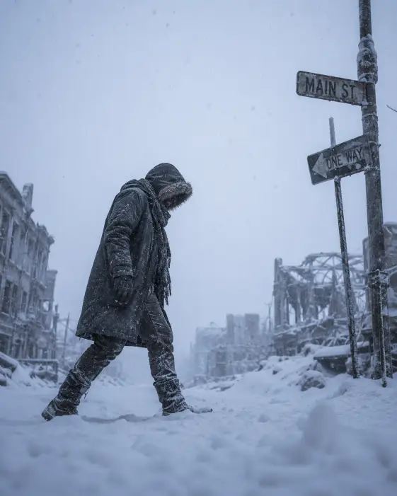 Create a photo of a tall figure in a heavy hooded coat walking through deep snow on the main street of a destroyed town. The coat is dark gray with a fur-lined hood pulled low over the face, paired with thick gloves, layered scarves, and snow-crusted boots. The figure is mid-stride, leaning slightly forward against the wind. The camera is positioned at a low angle from the side, capturing the silhouette against a backdrop of snow-covered ruined buildings and bent street signs. Heavy snowflakes fill the air, partially obscuring the scene. The sky is a pale icy blue fading into white. Cool tones with subtle blue and lavender shadows in the snow. Shot with a 35mm lens, soft diffused natural light. Use aspect ratio 4:5.