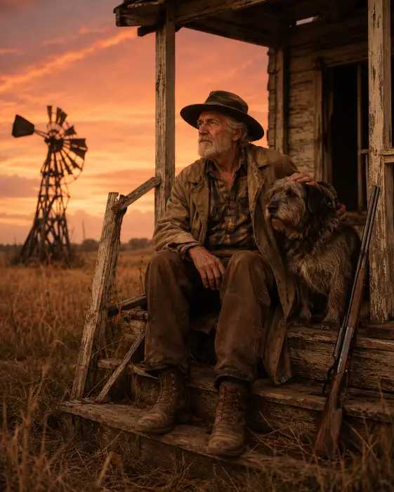 Create a photo of an elderly man sitting on the wooden steps of a ruined farmhouse porch, one hand resting on the head of a large gray-furred mutt sitting beside him. He is wearing a tattered tan trench coat over a checkered flannel shirt, brown work pants, and old leather boots, with a wide-brimmed hat pushed back on his head. A double-barrel shotgun leans against the railing within reach. His expression is calm and weathered, looking out toward the horizon. The camera is positioned a few meters in front of him at eye level. The background shows an overgrown wheat field, a broken windmill, and a sky streaked with dusty pink and orange at sunset. Warm sepia and amber tones with a vintage film feel. Shot with a 50mm lens. Use aspect ratio 4:5.