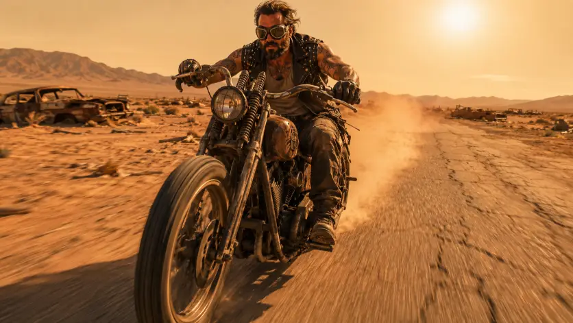 Create a photo of a man riding a custom modified motorcycle along a cracked desert road, leaning slightly into the handlebars with one gloved hand gripping the throttle. He is wearing a black leather jacket with metal studs over a sleeveless gray shirt, dark cargo pants, heavy boots, and aviator goggles pulled down over his eyes. His arms are tattooed and dust covers most of his clothing. The camera is positioned at a low angle from the front, slightly tilted, capturing him with the bike kicking up dust behind. The background shows endless flat desert with rusted car wrecks scattered around, distant rocky mountains, and a blazing midday sun in a hazy yellow sky. Hot orange, rust, and sandy beige tones fill the frame. Shot with a 24mm lens, motion blur in the background. Use aspect ratio 16:9.