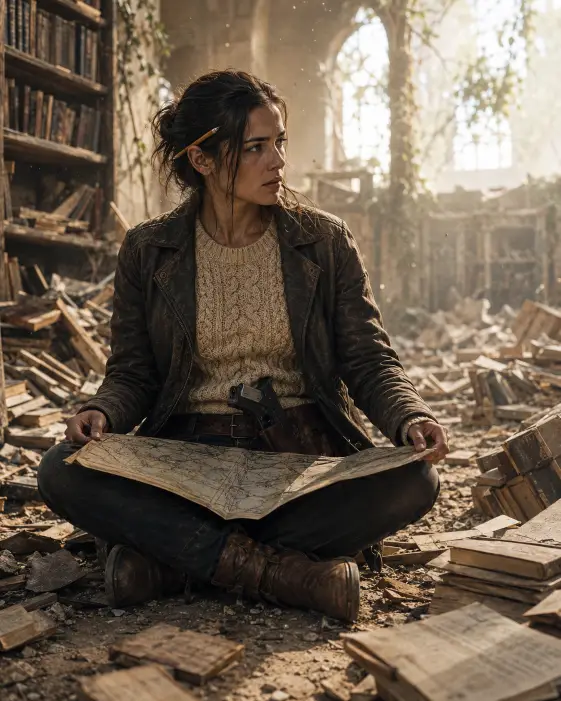 Create a photo of a young woman sitting cross-legged on the dusty floor of a destroyed library, holding an unfolded paper map across her lap. She is wearing a cream cable-knit sweater under a leather jacket, dark fitted jeans, and brown ankle boots, with a small handgun tucked into her belt. Her dark hair is pulled back loosely and she has a pencil tucked behind one ear. The camera is at her eye level, slightly angled from the side. The background features rows of toppled bookshelves, books scattered across the floor, broken windows letting in shafts of pale daylight, and ivy creeping up the walls. Soft, dusty light filters through the air with floating particles visible. Warm beige, brown, and gold tones with cool gray shadows. Shot with a 50mm lens. Use aspect ratio 4:5.