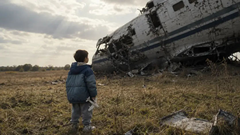 Create a photo of a small boy around eight years old standing alone in a grassy meadow, looking up at the massive wreckage of a crashed passenger plane that has tilted into the ground beside him. He is wearing a faded blue puffer jacket two sizes too big, gray sweatpants, and dirty white sneakers, clutching a small toy plane in one hand. His expression is wide-eyed and curious rather than afraid. The camera is positioned behind and to the side of him at a low angle, capturing both his small figure and the enormous scale of the broken aircraft. The background shows tall yellow grass, scattered debris, and a soft overcast sky with thin sun rays breaking through. Muted natural tones with a slightly washed-out, dreamy feel. Shot with a 35mm lens. Use aspect ratio 16:9.
