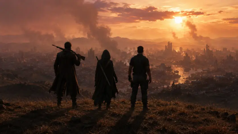 Create a photo of three survivors standing in a row on the crest of a grassy hill, all facing away from the camera and looking down at a vast destroyed city in the valley below. The man on the left is wearing a long brown duster coat and holding a rifle slung over his shoulder. The woman in the middle is wearing a dark green hooded cloak with a sword strapped across her back. The other man on the right is wearing a black tactical vest and cargo pants. The camera is positioned several meters behind them at ground level, framing them in a wide silhouette. The background shows a sprawling ruined city with collapsed towers, columns of smoke, and a setting sun casting long shadows across the wasteland. Warm dusty oranges, deep purples, and silhouette black tones. Shot with a 35mm lens, epic cinematic composition. Use aspect ratio 16:9.