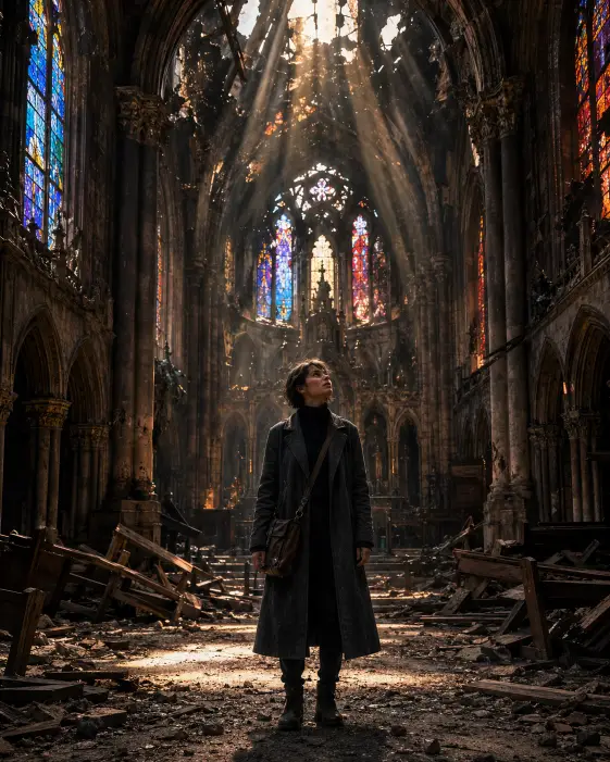 Create a photo of a woman standing alone in the center aisle of a destroyed cathedral, arms hanging at her sides as she looks up toward what is left of the ceiling. She is wearing a long charcoal gray coat over a black turtleneck and dark trousers, with heavy boots and a worn leather satchel slung across her body. Her short hair is windswept and her expression is contemplative. The camera is positioned at the back of the cathedral at eye level, framing her in a symmetrical composition with the ruined altar in the distance behind her. The background features collapsed stone arches, dust falling through shafts of colored light pouring in from broken stained glass windows, and overturned wooden pews scattered along the sides. Rich blues, deep reds, and warm golds blend through the light beams. Shot with a 35mm lens, dramatic and reverent mood. Use aspect ratio 4:5.