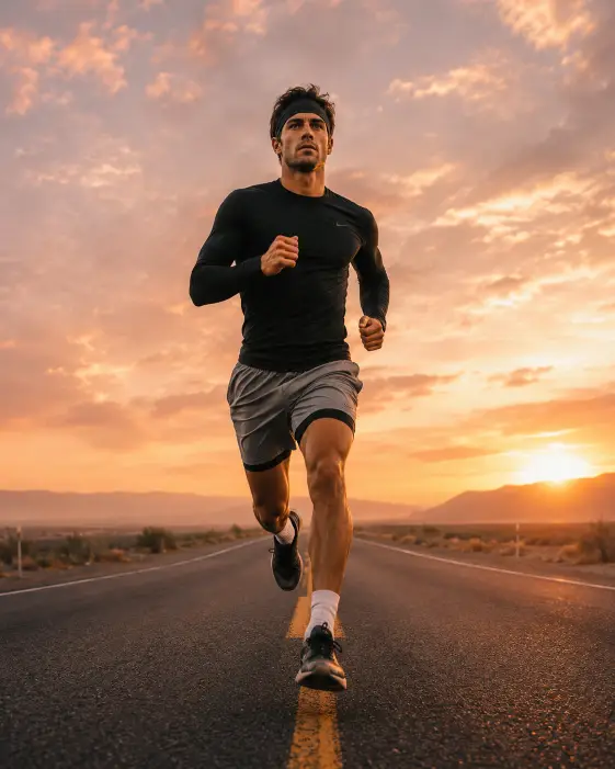 Create a photo of a young man running alone on an empty highway at sunrise, captured mid-stride with his right foot off the ground and arms in motion. He is wearing a fitted black athletic top, gray running shorts, white socks, and worn black running shoes with a sweat-soaked headband around his forehead. His expression is locked in, eyes forward, jaw tight. The road stretches into the distance with soft mountains on the horizon and a warm orange and pink sky overhead. The camera is positioned at ground level a few feet in front of him, shooting upward to make him look powerful against the open sky. Warm golden tones with long shadows and a slight haze in the air. Shot with a 35mm lens, cinematic color grading, motivational sports photography style. Use aspect ratio 4:5.