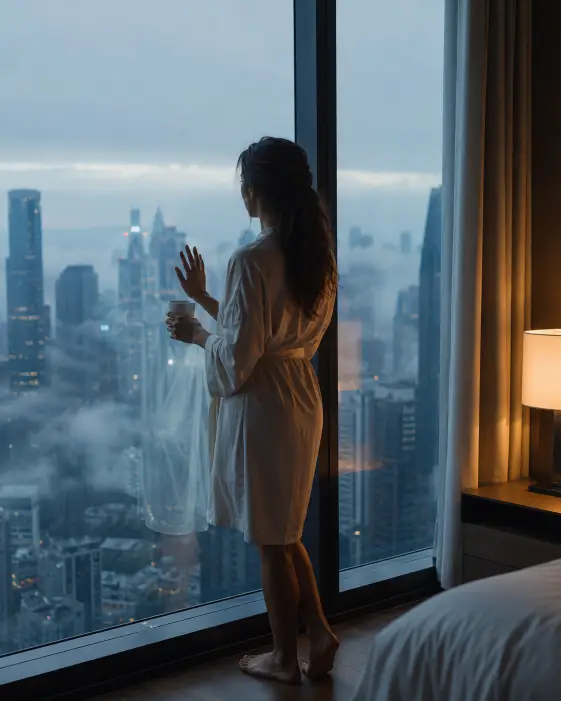 Create a photo of a woman in her early 30s standing at a floor-to-ceiling hotel window, one hand resting flat against the glass and the other holding a white ceramic coffee mug. She is wearing a cream silk robe loosely tied at the waist with bare feet on a hardwood floor. Her hair is slightly tousled and pulled to one side, with no makeup and a calm, thoughtful expression as she looks out at the city. The view through the glass shows a sprawling cityscape in early morning blue light with low clouds drifting between skyscrapers. The camera is behind her at shoulder height, capturing her silhouette and a soft reflection in the glass. Cool, muted tones with a single warm light from a bedside lamp on the right. Shot with a 50mm lens, shallow depth of field, editorial mood. Use aspect ratio 4:5.