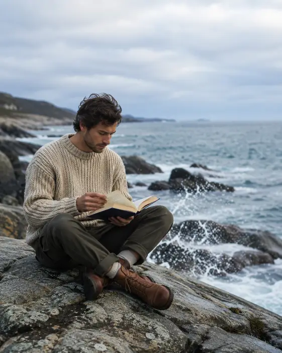 Create a photo of a man in his late 20s sitting cross-legged on a flat boulder along a rocky ocean coastline, an open hardcover book resting in his lap with one hand turning a page. He is wearing a chunky oatmeal-colored knit sweater, dark olive cargo trousers rolled at the ankle, and brown leather hiking boots. His hair is slightly windblown and his expression is calm and absorbed in the page. The background shows crashing waves against dark wet rocks with sea spray catching the light, and a soft overcast sky in pale gray and blue tones. The camera is at a medium distance from a low side angle, capturing both the man and the open water beyond him. Cool, natural lighting with soft contrast. Shot with a 50mm lens, lifestyle documentary style. Use aspect ratio 4:5.