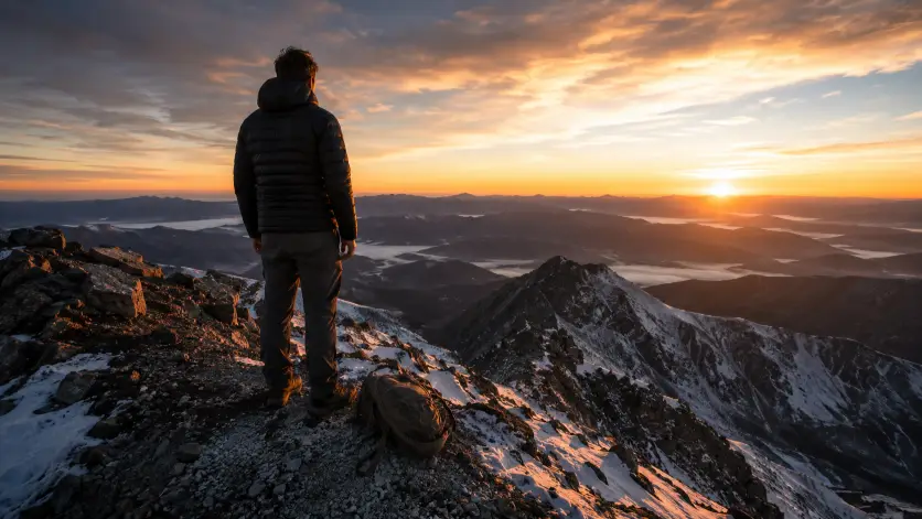 Create a photo of a man standing on the rocky summit of a tall mountain at sunrise, arms relaxed at his sides with his back partly to the camera as he looks out at the view. He is wearing a black puffer jacket, gray technical trousers, and sturdy brown hiking boots, with a small canvas backpack slumped at his feet. The peak is rugged with patches of snow and loose rock. Below him, a vast layered range of mountains fades into mist with golden sunlight breaking over the horizon. The camera is at ground level a few feet behind him, framing his silhouette against the glowing sky. Dramatic warm light on his back with cool blue shadows in the foreground. Shot with a 24mm lens, cinematic wide composition. Use aspect ratio 16:9.
