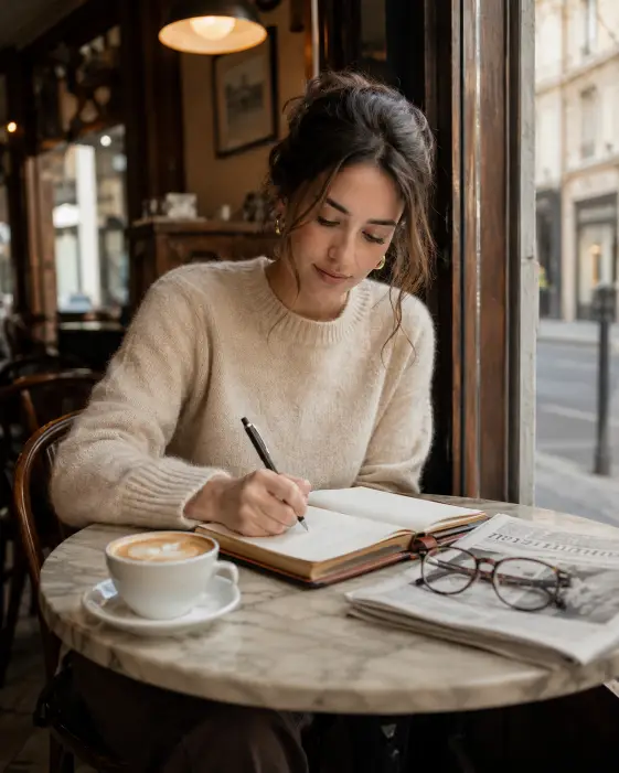 Create a photo of a young woman sitting at a small marble café table by a window, leaning slightly forward with a black pen in her hand, writing in an open leather-bound journal. She is wearing a soft beige cashmere sweater, dark brown trousers, and small gold hoop earrings. Her hair is loosely tied back with a few strands framing her face, and her expression is focused and gentle. On the table beside her is a flat white coffee in a small white cup, a folded newspaper, and a pair of reading glasses. The café has warm wood interiors, hanging pendant lights, and a soft blurred view of a quiet street outside the window. The camera is at table level across from her, slightly off-center. Soft, warm morning light coming from the window. Shot with a 50mm lens, shallow depth of field. Use aspect ratio 4:5.