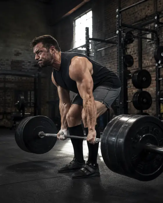 Create a photo of a man mid-deadlift in a raw industrial gym, gripping a heavy barbell with both hands, knees slightly bent, back flat, and a focused intense expression on his face. He is wearing a black sleeveless training shirt, gray fitted shorts, knee-high black socks, and flat-soled lifting shoes, with chalk visible on his hands. His shoulders and arms are tense with effort. The gym has exposed brick walls, black metal weight racks loaded with plates, rubber flooring, and a single shaft of natural light coming through a tall warehouse window. The camera is at a low side angle, capturing the strain of the lift and the weight of the bar. Cool, moody lighting with strong shadows and high contrast. Shot with a 35mm lens, gritty sports photography style. Use aspect ratio 4:5.