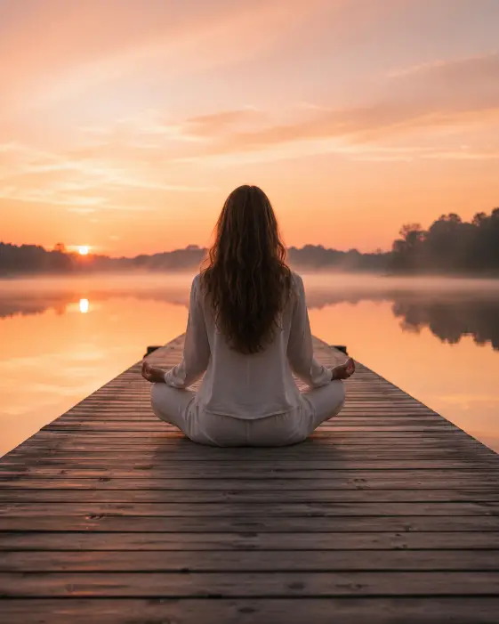 Create a photo of a woman sitting cross-legged in a meditation pose on a long wooden dock that stretches over a still lake at sunrise. Her hands rest on her knees with palms facing up and her eyes are softly closed, with a peaceful expression on her face. She is wearing a loose soft white linen set with a long-sleeve top and matching wide-leg pants, with a thin gold chain at her neck. Her hair falls down her back in loose natural waves. The lake is perfectly still, reflecting the soft pink and orange morning sky, with low mist hovering over the water and faint silhouettes of trees on the far shore. The camera is at deck level a few feet behind her, capturing her silhouette against the glowing horizon. Warm pastel tones with soft natural light. Shot with a 35mm lens, serene wellness photography style. Use aspect ratio 4:5.