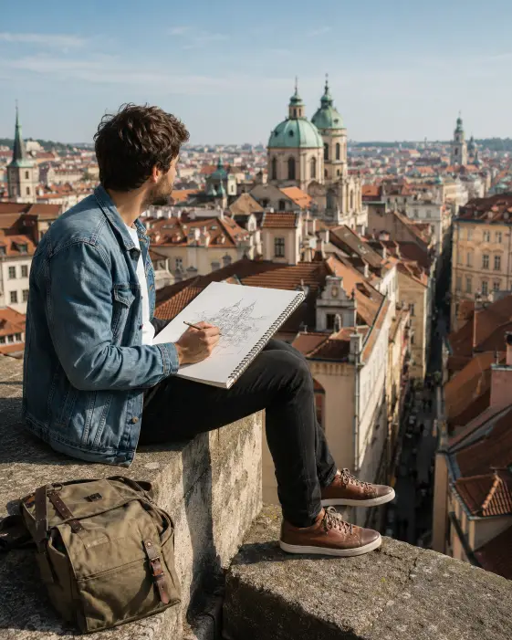 Create a photo of a man in his late 20s sitting on a low concrete wall on a city rooftop, a large sketchbook balanced on his knees and a pencil in his right hand mid-sketch. He is wearing a faded denim jacket over a plain white t-shirt, black slim-fit jeans, and brown leather sneakers, with a small canvas bag beside him. His head is slightly tilted as he studies the buildings across from him, and his expression is focused and curious. The background shows a beautiful older European cityscape with terracotta rooftops, ornate church domes, and narrow streets stretching into the distance under a clear afternoon sky. The camera is at a medium side angle a few feet from him, capturing both him and the view he is drawing. Warm natural daylight with soft shadows. Shot with a 35mm lens, documentary travel style. Use aspect ratio 4:5.