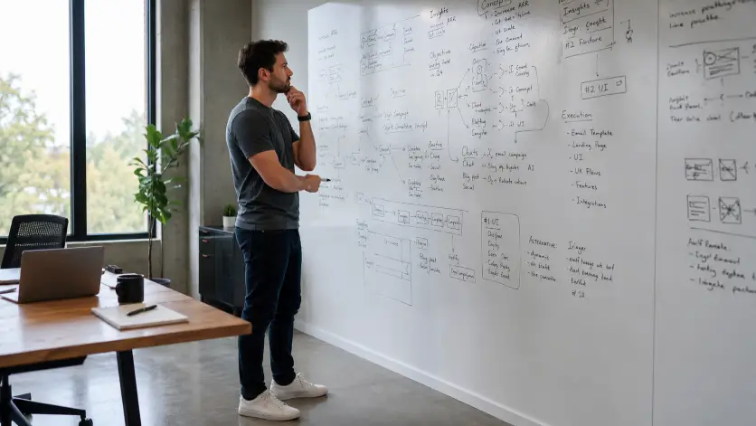 Create a photo of a man standing in front of a large floor-to-ceiling whiteboard covered in handwritten notes, sketches, and connecting arrows, one hand on his chin and the other holding a black dry-erase marker. He is wearing a plain charcoal gray t-shirt, dark jeans, and white sneakers, with a smartwatch on his wrist. His posture is thoughtful and slightly leaned in, eyes scanning the board with a focused expression. The room is a minimal modern office with concrete floors, a wooden desk with a laptop and notebook to the side, and a tall window letting in soft afternoon light. The camera is positioned to his side at chest height, capturing both him and the dense whiteboard content. Cool natural light with neutral tones and crisp detail. Shot with a 35mm lens, startup documentary style. Use aspect ratio 16:9.