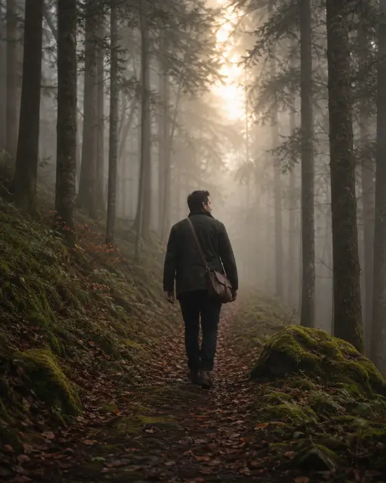 Create a photo of a man walking alone down a narrow forest trail at dawn, captured from behind a few steps in front of him, with thick mist rolling between tall pine trees on either side. He is wearing a dark green waxed canvas jacket, black trousers, and worn brown leather hiking boots, with a small leather satchel slung across his shoulder. His pace is steady and his head is slightly turned, looking off into the trees. The trail is covered with damp fallen leaves and soft moss, and pale golden light filters through the fog ahead of him. The camera is at ground level a few feet behind, framing him small against the towering trees. Cool muted tones with warm light breaking through the mist. Shot with a 50mm lens, cinematic nature photography style. Use aspect ratio 4:5.