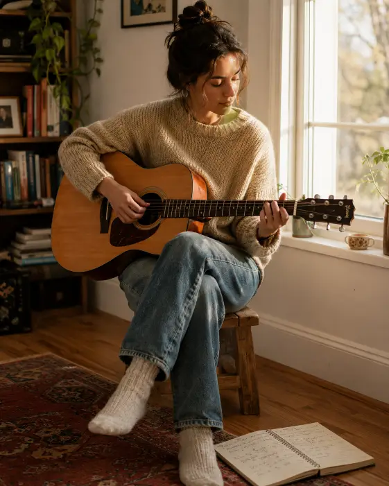 Create a photo of a young woman sitting on a low wooden stool beside a large window, an acoustic guitar resting on her lap, her left hand on the neck forming a chord and her right hand strumming. She is wearing a loose oatmeal-colored knit sweater, faded blue jeans, and white wool socks. Her head is tilted slightly downward, watching her hands with a focused, soft expression. A music notebook is open on the floor beside her with handwritten chord progressions. The room has white walls, hardwood floors, a small bookshelf in the background, and warm afternoon light streaming through the window. The camera is across from her at chair height, slightly off-center. Warm natural light with soft shadows and a relaxed mood. Shot with a 50mm lens, lifestyle editorial style. Use aspect ratio 4:5.