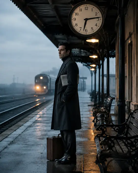 Create a photo of a man standing alone on an empty train platform at early morning, a leather suitcase set down beside him and one hand in his coat pocket. He is wearing a long charcoal wool overcoat over a black turtleneck, dark gray trousers, and polished black leather shoes, with a folded newspaper tucked under his arm. His expression is calm and quietly determined as he looks down the tracks. The platform is clean and empty with vintage iron benches, hanging station lights still glowing in the dim morning, and an old clock above showing 6:14. A train is approaching in the distance with a faint headlight cutting through the morning haze. The camera is at a medium distance at hip height, slightly to his side. Cool blue morning tones with a few warm pools of light from the station lamps. Shot with a 35mm lens, cinematic travel photography style. Use aspect ratio 4:5.