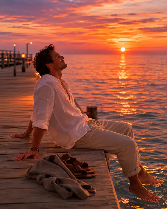 Create a photo of a man in his early 30s sitting on the edge of a long wooden pier at sunset, legs hanging over the side just above the water, leaning back slightly on both palms. He is wearing a relaxed white linen button-down shirt with the sleeves rolled up, beige drawstring trousers rolled at the ankle, and bare feet. His head is tilted slightly back, eyes closed for a moment, with a soft, content smile. The ocean stretches out in front of him in calm gentle ripples, glowing in deep orange, pink, and lavender tones from the setting sun on the horizon. A pair of leather sandals and a folded gray jacket sit beside him. The camera is at deck level a few feet behind him, framing his silhouette against the colorful sky. Warm rich tones with soft golden lens flare. Shot with a 35mm lens, cinematic lifestyle style. Use aspect ratio 4:5.