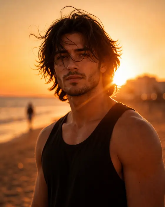 Create a backlit portrait of a young man standing on a beach at sunset, with the sun setting directly behind his right shoulder and creating a strong lens flare. He is wearing a simple black tank top showing his shoulders and arms, with no jewelry. His shoulder-length dark hair is windswept, with several strands falling across his forehead and brushing his eyes. He looks calmly toward the camera with a soft, neutral expression and a light stubble beard. Shoot at eye level with a 50mm lens, shallow depth of field. In the soft blurred background include a faint silhouette of another person walking far behind him and warm bokeh from the setting sun. Use warm orange and amber tones with cinematic color grading. Use aspect ratio 4:5.