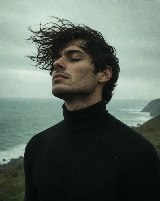Create a moody film-style portrait of a young man standing alone on a grassy coastal cliff at dusk with strong wind blowing his dark hair sideways across his forehead. He is wearing a fitted black turtleneck and no jewelry. He has a sharp jawline with light stubble. His chin is slightly lifted and his eyes are closed with a calm, surrendered expression as the wind hits him. Shoot at eye level, tightly framed from the chest up. Behind him is a soft hazy ocean horizon with cool muted teal and pale gray tones. Use overcast diffused light with a slight green color cast, heavy analog film grain, and a quiet emotional editorial mood. Use aspect ratio 4:5.