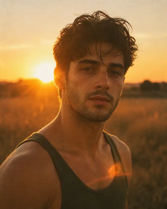 Create a film-style sunset portrait of a young man standing in a quiet open field at golden hour, looking calmly into the camera with a faint, almost-thoughtful expression. He is wearing a thin-strap dark olive green tank top and no jewelry. His short dark hair is windswept with a few strands falling on his forehead. He has a soft trimmed beard along his jaw. Shoot at eye level with the sun setting directly behind his left shoulder, creating strong warm rim light around his head and a soft golden lens flare across the frame. The background is a hazy blurred field with warm bokeh from the low sun. Use rich amber and orange tones with cinematic film grain and a soft analog haze. Use aspect ratio 4:5.