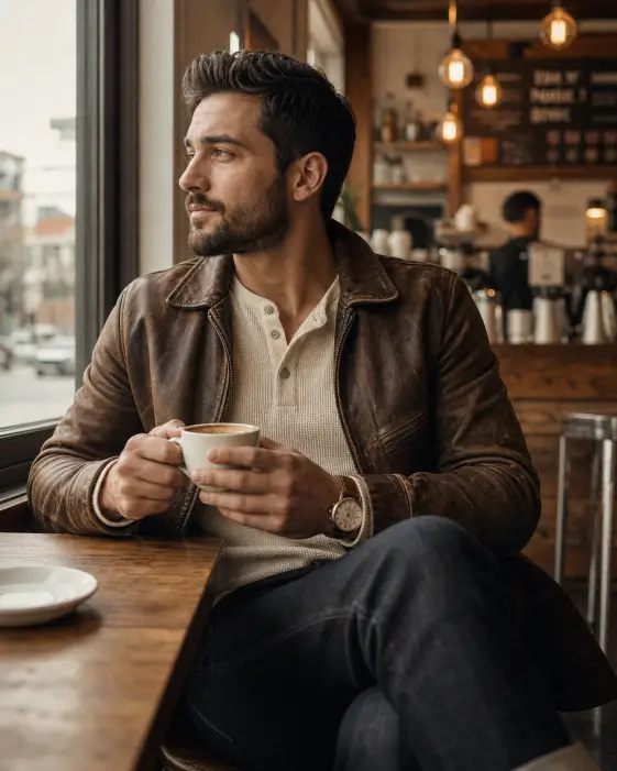 Create a candid lifestyle portrait of a young man sitting by a window inside a quiet specialty coffee shop in the morning, holding a small white ceramic cup with both hands close to his chest. He is wearing a vintage tan brown leather jacket over a plain cream waffle-knit henley shirt with the top button undone, dark indigo selvedge jeans, and a brown leather strap watch on his left wrist. His short dark hair is neatly styled with a slight side part, and he has a clean trimmed beard. He is looking out the window with a calm, thoughtful expression. Shoot from a low side angle at table height with a shallow depth of field. The background shows a softly blurred coffee shop interior with warm wooden tones, hanging Edison bulbs, and soft daylight pouring through the window. Use a warm neutral color palette with cream and amber tones and gentle film grain. Use aspect ratio 4:5.