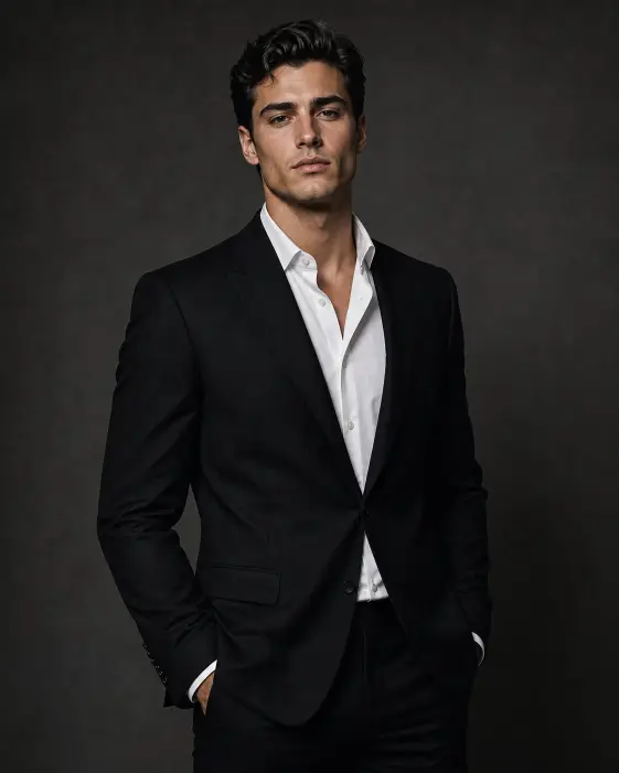 Create a high-end editorial fashion portrait of a young man standing against a plain charcoal gray studio backdrop, looking directly into the camera with a confident, neutral expression. He is wearing a sharply tailored matte black two-piece suit with a crisp white dress shirt underneath, the top button undone and no tie. His short dark hair is clean and styled back with a slight wave, and he has a clean smooth-shaven jaw. He has both hands relaxed in his pockets with one shoulder slightly forward. Shoot at eye level, framed from the thighs up. Use a single soft key light from above and slightly to the side to sculpt his cheekbones and jawline, with a small amount of fill creating subtle shadow detail. Use rich blacks, clean whites, and a moody high-contrast magazine-cover feel with fine grain. Use aspect ratio 4:5.
