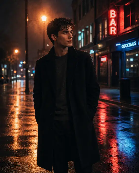 Create a cinematic night portrait of a young man standing on a wet city street at night under a streetlamp, hands in his coat pockets and looking off to the side with a quiet, contemplative expression. He is wearing a long black wool overcoat over a charcoal gray crewneck sweater and dark trousers, with sleek black leather chelsea boots. His short dark hair is slightly damp from light rain. The wet asphalt reflects orange streetlamp light and red and blue neon signs from nearby shops. Shoot at eye level with a shallow depth of field, framed from the knees up. Use moody cinematic color grading with deep blacks, warm orange highlights, and soft cool blue shadows. Add fine film grain and a soft atmospheric haze. Use aspect ratio 4:5.