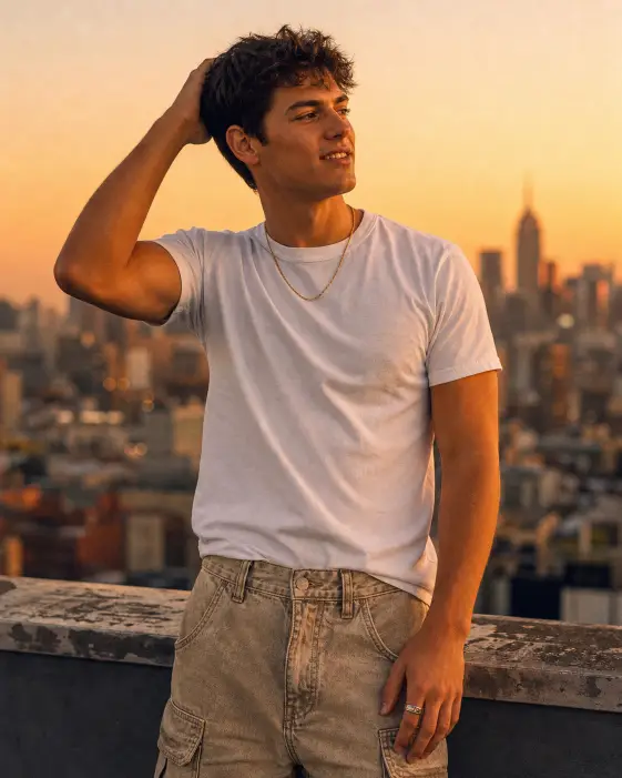 Create a soft golden hour rooftop portrait of a young man standing on an open rooftop at sunset, one hand running through the back of his hair and the other relaxed at his side. He is wearing a fitted plain white crewneck t-shirt tucked loosely into stone-washed beige cargo pants, with a thin gold chain necklace and a silver ring on his middle finger. His short dark hair is slightly tousled. He is looking off to the side with a relaxed half-smile. Shoot at eye level with a shallow depth of field, framed from the thighs up. The background shows a softly blurred city skyline glowing in warm orange and pink with hazy bokeh from distant lights. Use rich golden hour tones with warm amber light hitting his arms and chest, gentle film grain, and a confident easy mood. Use aspect ratio 4:5.
