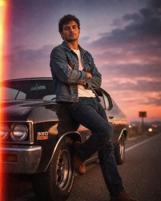 Create a vintage-style portrait of a young man leaning casually against the side of a classic 1970s muscle car parked on a quiet open road at dusk, with his arms loosely crossed and one foot resting on the side panel. He is wearing a slightly worn medium-blue denim jacket over a plain white t-shirt, dark blue straight-cut jeans, and brown leather work boots. His short dark hair has a natural messy texture and he has a clean light stubble. He is looking calmly into the camera with a relaxed expression. Shoot from a low angle to make the car and figure feel cinematic, with a shallow depth of field. The background shows a softly blurred open road and a hazy purple and pink dusk sky. Use rich cinematic color grading with warm amber on his face and cool blue tones in the sky, heavy 35mm film grain, and a slight light leak. Use aspect ratio 4:5.