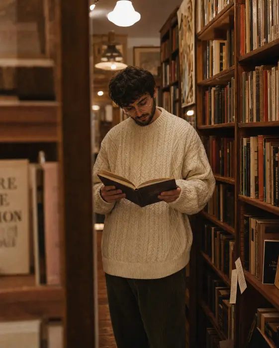 Create a candid lifestyle portrait of a young man browsing in a quiet old bookstore, holding an open hardcover book in both hands while looking down at the pages with a soft, focused expression. He is wearing an oversized cream cable-knit sweater that falls past his hips, dark olive corduroy trousers, and small round wire-frame glasses sitting low on his nose. His short dark hair is loose and slightly messy and he has a clean trimmed beard. Shoot from the end of the aisle at eye level, slightly hidden behind another shelf to make it feel candid. The background shows tall wooden shelves packed with old books and warm overhead vintage bulb lighting. Use a warm muted color palette with deep browns, cream, and soft amber light, and gentle film grain. Use aspect ratio 4:5.