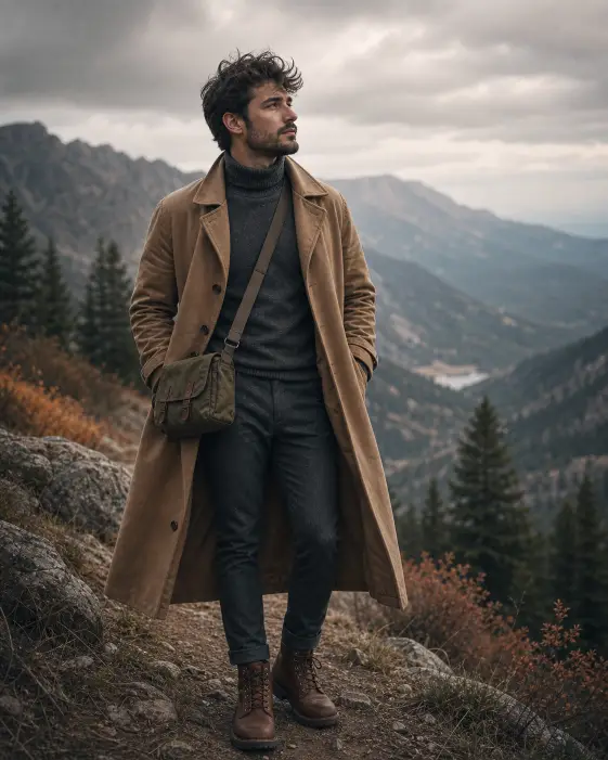 Create a cinematic travel portrait of a young man standing on a rocky mountain trail in early autumn, hands in the pockets of his long coat and looking out across the valley with a calm, reflective expression. He is wearing a long camel tan trench coat over a charcoal gray turtleneck sweater, slim dark gray trousers, and brown leather hiking boots. A small olive canvas satchel hangs across his body. His short dark hair is windblown and he has a soft trimmed beard. Shoot from a slightly low angle, framed from the knees up. The background shows softly blurred mountain ridges, scattered pine trees, and a hazy overcast sky. Use cool muted earth tones with subtle warm light on his face, gentle film grain, and a quiet adventurous mood. Use aspect ratio 4:5.