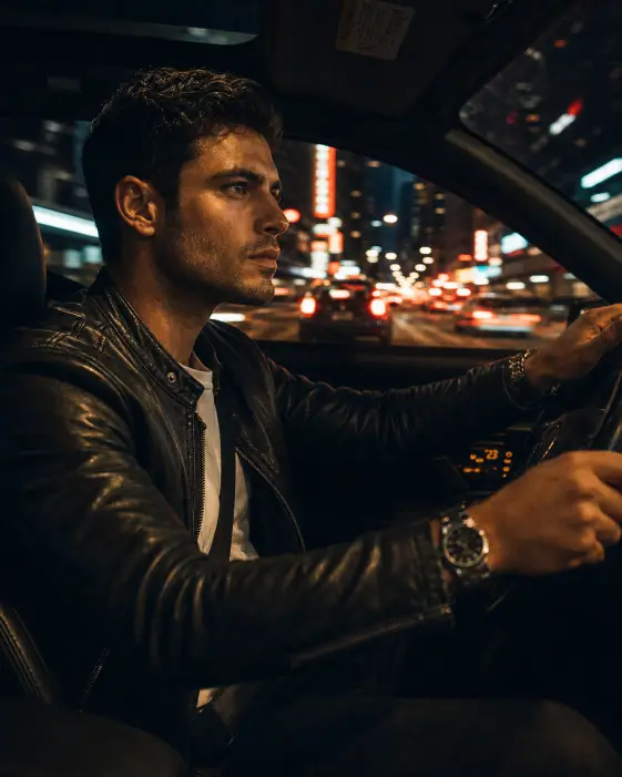 Create a cinematic candid portrait of a young man sitting in the driver's seat of a car at night in the middle of a city, both hands relaxed on the steering wheel and looking straight ahead at the road with a calm, focused expression. He is wearing a fitted black leather racer jacket over a plain white t-shirt, with a stainless steel watch on his left wrist. His short dark hair is neatly styled and he has a sharp jawline with light stubble. The dashboard glows a soft amber color, and through the windshield the blurred city street is filled with red brake lights and bright streaks of motion-blurred neon signs. Shoot from the passenger seat at chest height with a shallow depth of field. Use moody cinematic color grading with deep blacks, warm amber highlights on his face, and cool blue shadows. Add fine film grain and a slight motion blur in the background. Use aspect ratio 4:5.