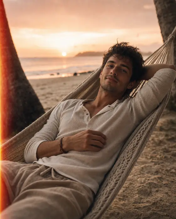 Create a soft sunset lifestyle portrait of a young man lying back in a hammock between two palm trees at the edge of a quiet beach, one hand behind his head and the other resting on his chest, looking calmly toward the camera with a peaceful half-smile. He is wearing a plain off-white waffle-knit henley shirt with the top buttons undone and the sleeves pushed up, light beige linen drawstring pants, and a thin brown leather bracelet on his right wrist. His short dark hair is slightly windblown and he has a clean light stubble. Shoot from a low side angle with a shallow depth of field, framed from the thighs up. The background shows a softly blurred sandy beach, calm ocean, and a hazy warm sunset sky in soft pinks and oranges. Use warm honey and amber tones with cinematic film grain, gentle light leaks, and a relaxed island mood. Use aspect ratio 4:5.