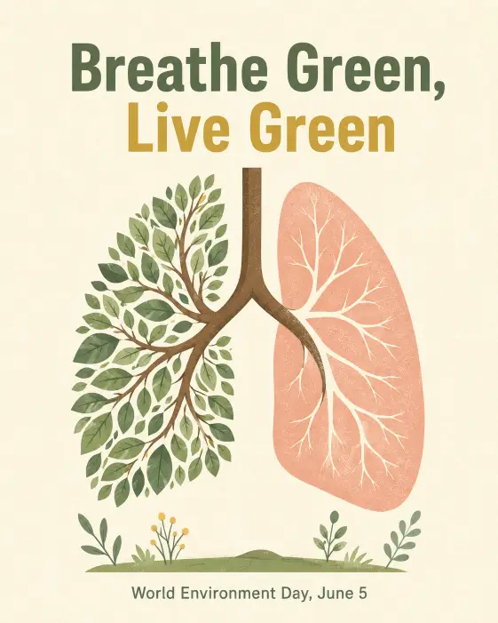 Create a minimal flat illustration poster for World Environment Day with a large central tree shaped like a human lung, half green leaves and half lungs in soft pink. The background is a creamy off-white with subtle paper texture. At the top in bold sans-serif type, place the headline "Breathe Green, Live Green". Below the illustration, smaller text reads "World Environment Day, June 5". Use a muted color palette of sage green, mustard, terracotta, and cream. The composition is centered and balanced with generous white space around the artwork. Use aspect ratio 4:5.