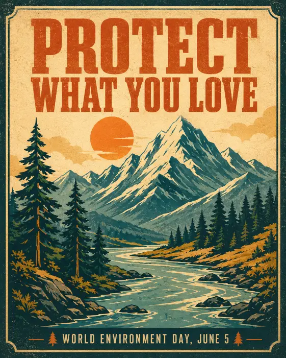 Create a vintage travel poster style design for Environment Day featuring a stylized mountain range, a flowing river, and pine trees in the foreground. The illustration uses thick clean linework and flat retro colors. At the top, place the bold text "Protect What You Love" in a chunky condensed serif. At the bottom, smaller text reads "World Environment Day, June 5". Use a warm vintage palette of burnt orange, deep teal, ochre, and cream. Add subtle paper grain texture across the entire poster for an aged screen-print feel. Use aspect ratio 4:5.
