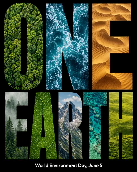 Create a bold typography poster for World Environment Day. The entire poster is filled with the words "ONE EARTH" in massive stacked uppercase sans-serif letters that take up almost the full canvas. Each letter is filled with a different nature texture, such as forest leaves, ocean waves, sand dunes, and grass fields. The background is solid black. Smaller white text at the bottom reads "World Environment Day, June 5". The design feels editorial, graphic, and high-impact. Use aspect ratio 4:5.