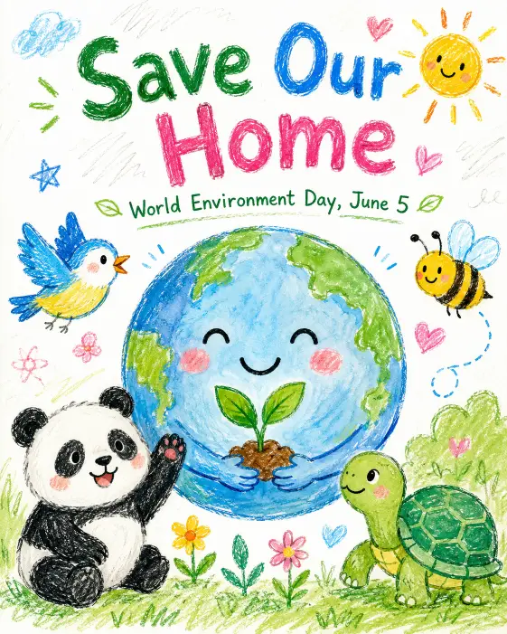 Create a poster in a hand-drawn kids illustration style for Environment Day. The scene shows a smiling earth character holding a small green plant, surrounded by happy animals like a panda, a bird, a turtle, and a bee. The drawing style is loose with visible crayon and watercolor textures. At the top, handwritten chunky text reads "Save Our Home". Below, smaller text says "World Environment Day, June 5". Use a bright cheerful palette of grass green, sky blue, sunshine yellow, and soft pink. The background is white with light pencil scribbles. Use aspect ratio 4:5.