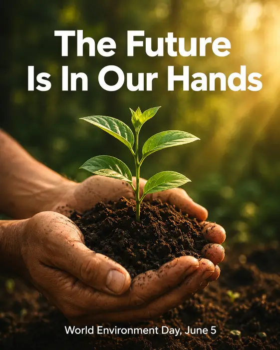 Create a high-impact photographic poster for World Environment Day showing a close-up of two hands gently cradling a small green sapling growing out of dark fertile soil. The lighting is soft golden hour with light streaming in from the side. The background is blurred green forest. Overlay clean bold white sans-serif text at the top reading "The Future Is In Our Hands" and smaller text at the bottom reading "World Environment Day, June 5". Use a natural earthy color palette with rich greens, warm browns, and golden highlights. The mood is hopeful and serious. Use aspect ratio 4:5.