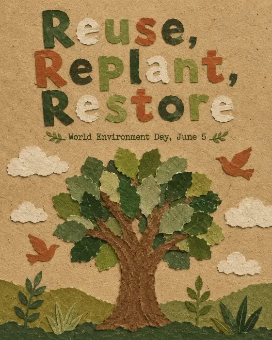 Create a paper collage style poster for Environment Day made from torn pieces of recycled craft paper. The composition shows a tree assembled from rough cut paper shapes, with leaves in mixed green tones and a brown paper trunk. Around it, birds and clouds are also made from cut paper. At the top, hand-cut paper letters spell out "Reuse, Replant, Restore". Smaller printed text below reads "World Environment Day, June 5". Use a warm natural palette of kraft brown, moss green, off-white, and rust orange. The background has visible paper grain and small fiber details. Use aspect ratio 4:5.