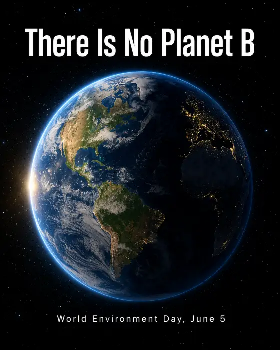 Create a striking poster showing planet Earth viewed from deep space, with continents clearly visible and a thin glowing blue atmosphere around it. The background is pitch black with a few faint stars. Place large clean white sans-serif text above the planet reading "There Is No Planet B". Below the earth, smaller text reads "World Environment Day, June 5". The lighting on the earth is half-lit, showing the day-night terminator line. Use a deep cosmic color palette with rich blues, soft whites, and warm sunlit edges. The composition is centered and cinematic. Use aspect ratio 4:5.